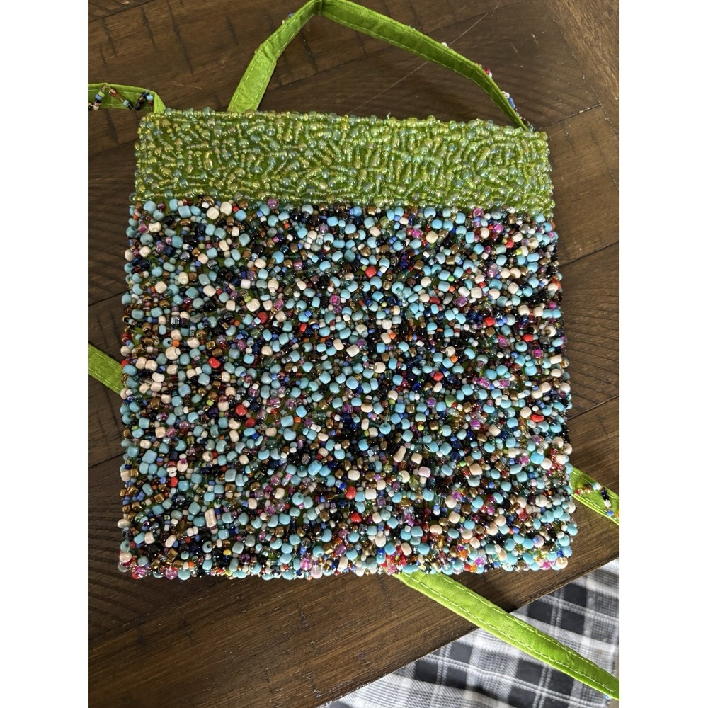 VTG Bright Green Turquoise Blue Multicolor Glass Beaded shoulder bag Purse Lined